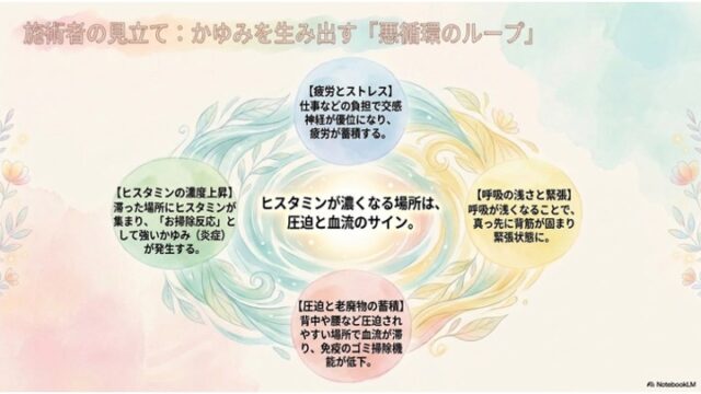 中央の丸いメッセージを囲むように、4つの異なる色（青、黄、赤、緑）の円形の中にアトピーの悪循環を説明するテキストが配置された図。