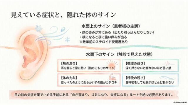左に耳のイラスト、右に「水面上のサイン（症状）」と「水面下のサイン（熱の滞り・循環の弱さ・体の力み・呼吸の浅さ）」を整理して掲載したスライド。