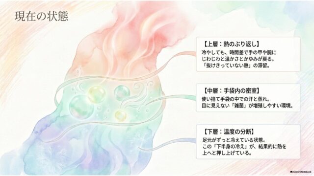 上層（熱のぶり返し）、中層（手袋内の密室）、下層（温度の分断）の3段階で手のかゆみの現状を可視化したスライド。