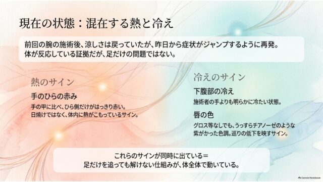 左右に分けて「熱のサイン（手のひらの赤み）」と「冷えのサイン（下腹部の冷え・唇の色）」を並べ、症状の混在を解説したスライド。