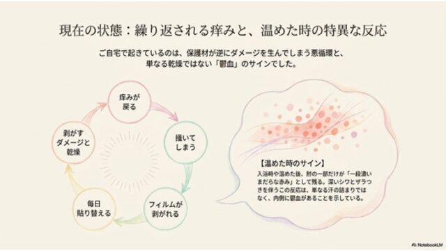 日常的なケアの悪循環を示す循環図と、温めた時に現れる鬱血のサインを解説するスライド。