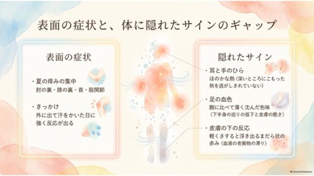 人体のシルエットイラストを中心に、左側に表面の症状、右側に体に隠れたサインを配置して対比させた解説スライド。