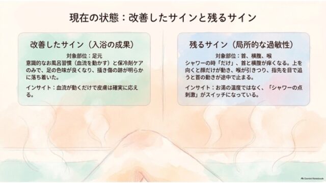 「現在の状態：改善したサインと残るサイン」というタイトルで、左に「入浴の成果（足元）」、右に「局所的な過敏性（首、横腹、喉）」を対比させた2カラムのスライド。