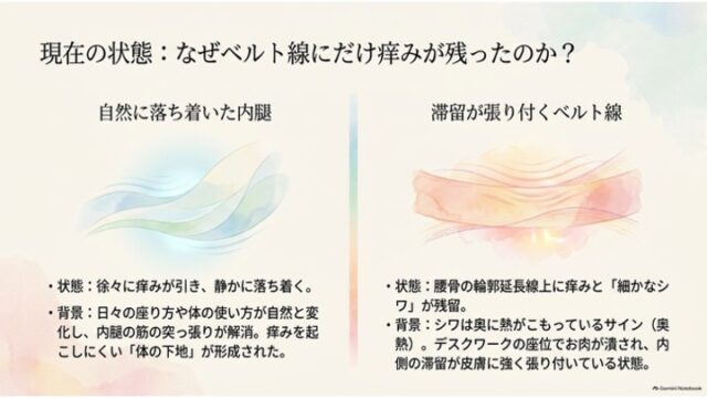 左右に分かれた比較スライド。左側に青い流線のイラストと「自然に落ち着いた内腿」の説明、右側にオレンジ色の波打つ帯のイラストと「滞留が張り付くベルト線」の説明が配置されている。
