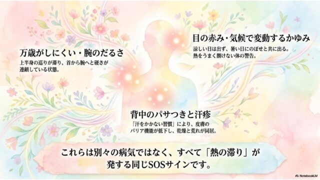 光る人物シルエットの周りに万歳がしにくい、目の赤み、背中のパサつきなどの症状が配置され、「すべて『熱の滞り』が発する同じSOSサインです」と書かれたスライド。