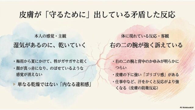 本人の感覚（主観）と体に現れている反応（客観）を左右に分け、湿気の中の乾燥感と実際の皮膚症状の対比を示したスライド。