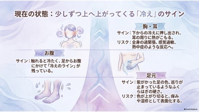 足元、お腹、胸・耳の3段階で上に向かって進行する冷えのサインとリスクを示したイラスト図解。