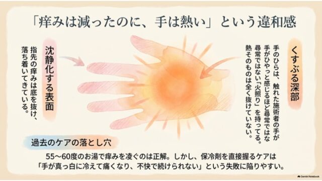 赤く熱を持った手のひらのイラストを中心に、指先の沈静化と深部の火照りの違い、保冷剤による直冷の注意点を解説するスライド。