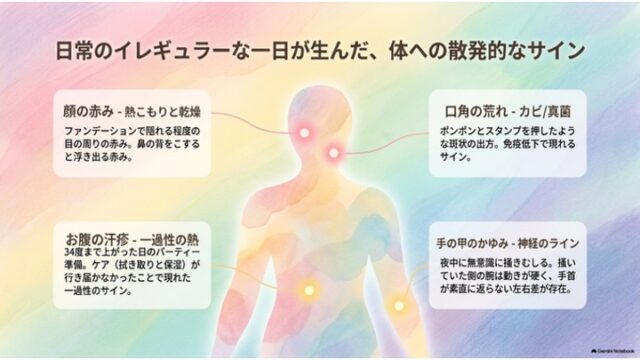 人体シルエットの周囲に顔、口角、お腹、手の甲の4つの不調サインとその詳細説明ボックスを配置したイラストスライド。