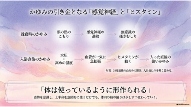 就寝時と入浴直後のかゆみのメカニズムをフローで示し、姿勢や体の使い方に関する一言メッセージを載せたスライド。
