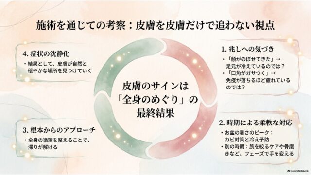 中央の円形矢印ダイアグラムを囲むように「兆しへの気づき」「時期による柔軟な対応」「根本からのアプローチ」「症状の沈静化」の4ステップが配置された考察スライド。