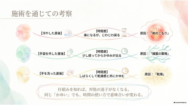 直後の状態と時間差の経過から「熱のこもり」「雑菌の繁殖」「乾燥」の各原因を見分けるプロセスの図解スライド。