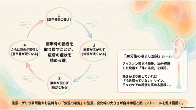 肩甲骨の硬さから熱がこもる4ステップの悪循環図と、冷却30分後に耳の温度で冷え具合を確認するルール、気温急変の注意点を掲載したスライド。