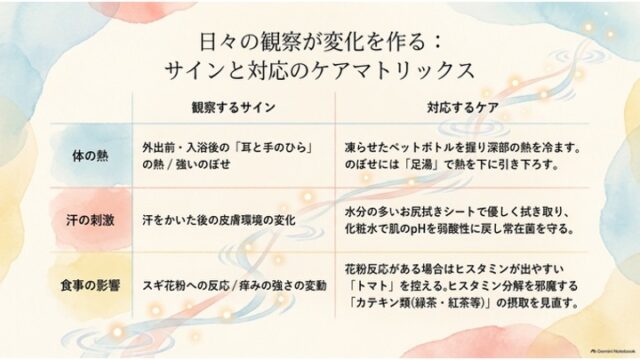 「体の熱」「汗の刺激」「食事の影響」の3項目について、観察サインと具体的なケア方法を表形式でまとめたマトリックススライド。
