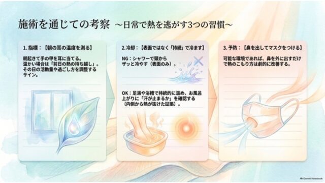 「施術を通じての考察 〜日常で熱を逃がす3つの習慣〜」と題し、朝の耳温度チェック、持続的な冷却・足湯、鼻出しマスクの3習慣をまとめたスライド。