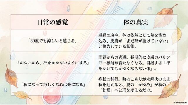 背景に温度計と落ち葉が描かれ、「日常の感覚」と「体の真実」を3つの項目で比較した表スライド。