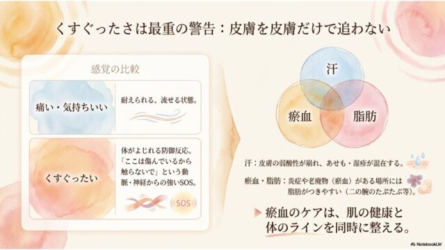 くすぐったさを身体のSOSとして解説し、汗・瘀血・脂肪の3要素が重なり合うベン図を用いて皮膚トラブルの仕組みを示したスライド。