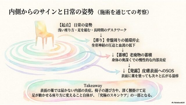 日常の姿勢の乱れから循環低下、老廃物の蓄積を経て皮膚への発露に至るプロセスと、正しい座り方の重要性を解説したスライド。