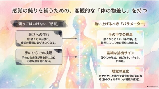 中央の人体図を挟み、左側の「頼ってはいけない『感覚』」と右側の「拾い上げるべき『パラメーター』」を対比表示した解説スライド。