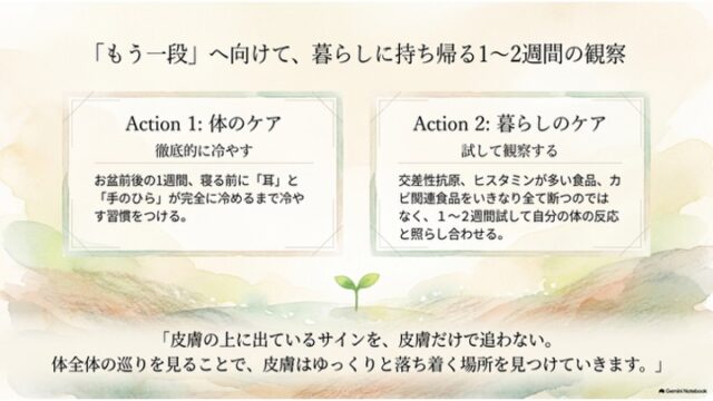 双葉のイラストと共に、自宅で行う体のケアと暮らしのケアの2つのアクション、まとめのメッセージを掲載した最終スライド。
