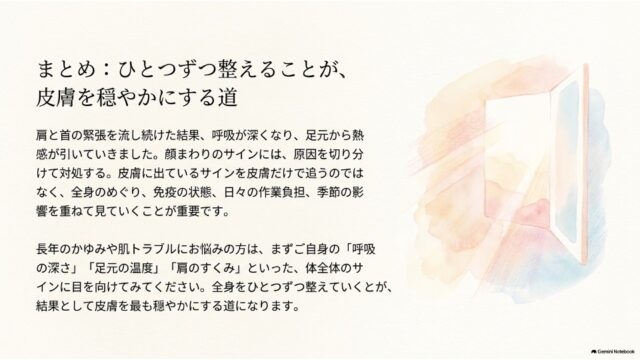 開いた窓から光が差し込むイラストとともに、身体全体のサインをひとつずつ整えることの重要性を説いたまとめのスライド文章。