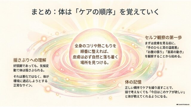中央の光る惑星のような球体イラストを中心に、ケアの順序、セルフ観察の第一歩、体の記憶などのまとめポイントを配置したスライド。