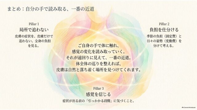 ハート型のグラデーション背景の中央メッセージと、周囲に配置された3つの柱（局所で追わない・負担を仕分けする・感覚を信じる）によるまとめスライド。