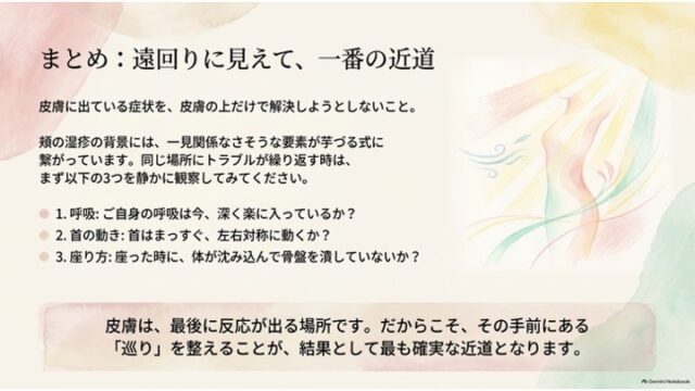全体まとめのスライド。日常の観察ポイント3項目（呼吸、首の動き、座り方）と、「巡り」を整える重要性を強調したテキストボックス、右側に光を浴びる女性の水彩イラストが配置されています。