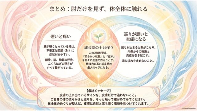 「硬いと痒い」と「巡りが悪いと炎症になる」が交差して「成長期の土台作り」となる構造図と、体全体の巡りを整える大切さを伝えるメッセージスライド。
