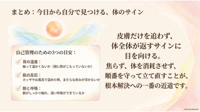 「まとめ：今日から自分で見つける、体のサイン」のスライド。左側に耳の温度・肌の反応・脈と呼吸の3つのセルフチェック項目、右側に皮膚だけでなく体全体のサインに目を向けて順番に立て直すことの大切さを伝えるメッセージが配置されている。