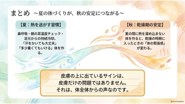「まとめ 〜夏の体づくりが、秋の安定につながる〜」と題し、夏の熱対策が秋の安定につながる点と、「皮膚のサインは体全体からの声」というメッセージを掲載したスライド。