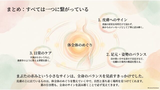 「体全体のめぐり」を中心に据え、皮膚のサイン・姿勢バランス・日常ケアの繋がりをまとめた総括スライド。