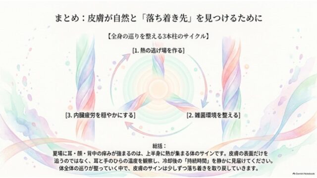 中央の円環サイクル図（熱の逃げ場、雑菌環境、内臓疲労の循環）と、体全体の巡りを整えて痒みを落ち着かせる総括メッセージが記されたまとめスライド。