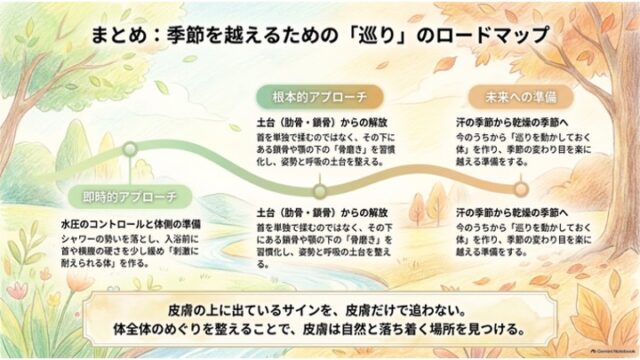 「まとめ：季節を越えるための『巡り』のロードマップ」という見出しで、春夏から秋への季節変化イラストの上に3つのアプローチが曲線で繋がれ、下部にまとめのメッセージ枠が配置されたスライド。