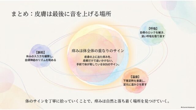 中央の大きな円に「痒みは体全体の重なりのサイン」とあり、その周りを「脈拍」「呼吸」「温度」の3つの小さな円が囲んでいるスライド。下部に全体のまとめメッセージが書かれている。