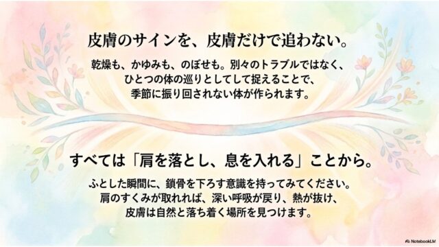 淡い水彩フレームの枠内に「皮膚のサインを、皮膚だけで追わない。」「すべては『肩を落とし、息を入れる』ことから。」と記されたまとめスライド。
