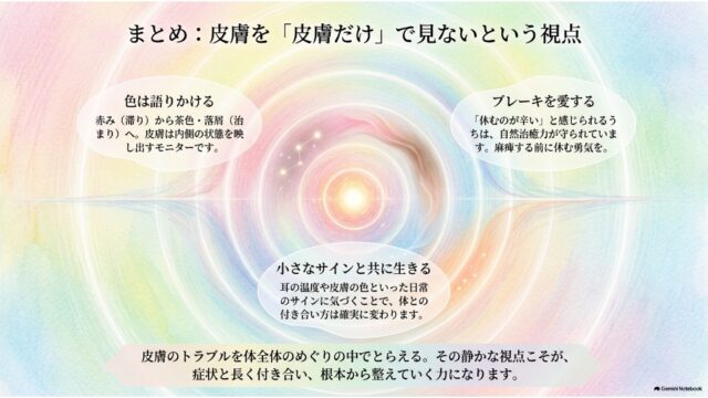中央の光の輪を取り囲むように3つのまとめポイントが配置され、最下部に全体の総括メッセージが記された「まとめ」スライド。