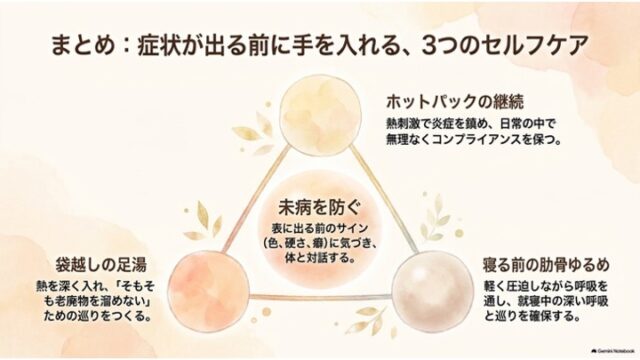 中央の「未病を防ぐ」を中心に、ホットパック、袋越しの足湯、肋骨ゆるめの3つのセルフケアを配置した三角形のまとめ図表。