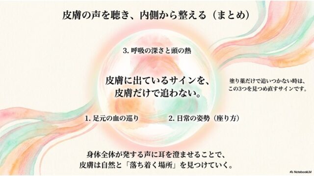 「皮膚に出ているサインを、皮膚だけで追わない。」という中心メッセージと、血の巡り・姿勢・呼吸と頭の熱の3つの見直しポイントをまとめた最終スライド。