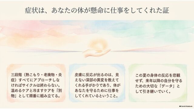手で光を包むイラストを背景に、体の働きへの感謝とケアのまとめ（三段階アプローチ、身体のサイン、データの蓄積）を伝えるまとめスライド。