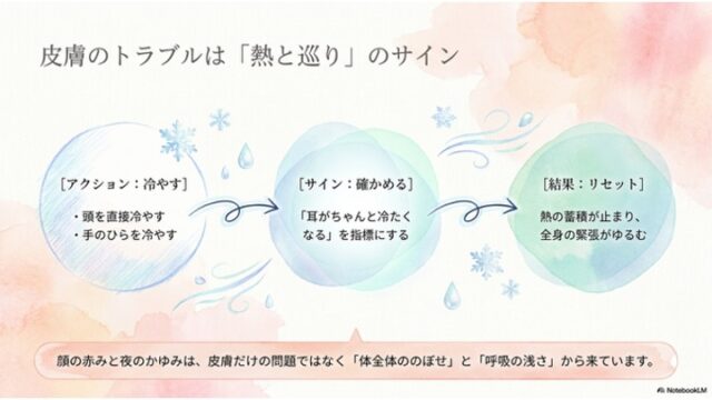 「皮膚のトラブルは『熱と巡り』のサイン」と題し、冷やす・確かめる・リセットの3ステップを円と矢印で示した図解スライド。
