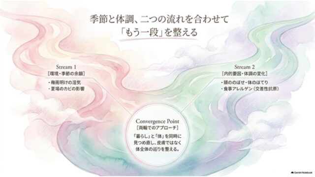 環境要因と体内要因の2つの流れが中央で合流する図を示し、暮らしと体の両面からのアプローチを解説するスライド。