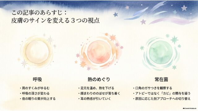 「呼吸」「熱のめぐり」「常在菌」という3つの視点を解説するスライド。それぞれのテーマの下に具体的な観察ポイントが箇条書きで示されている。