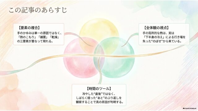 赤・黄・緑の3つの円が重なるイラストを中心に、この記事のあらすじ（要素の複合、時間のツール、全体観の視点）を解説したスライド。