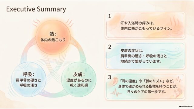「Executive Summary」の見出しの下、左側に熱・呼吸・皮膚の連動図、右側に痒みの原因と耳や脈による観察指標をまとめた3つの要約ボックスが並ぶスライド。