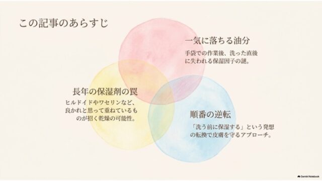 赤・黄・青の重なる3つの円とともに「一気に落ちる油分」「長年の保湿剤の罠」「順番の逆転」という記事のあらすじが記載されたスライド。