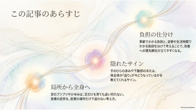 3つの光るスポットが曲線で結ばれ、本記事の要点である「局所から全身へ」「隠れたサイン」「負担の仕分け」がまとめられたスライド。