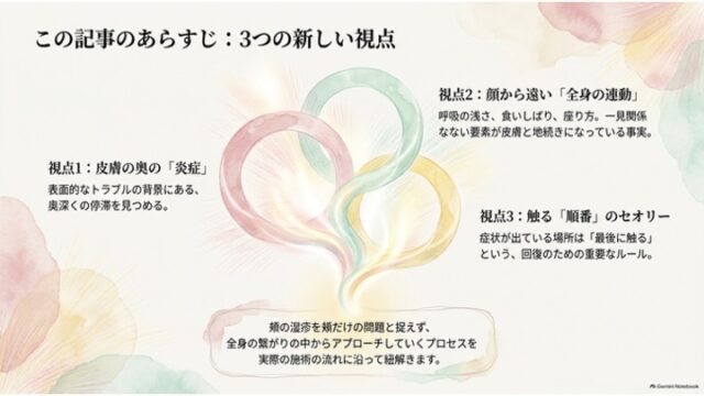 3つの視点を解説するスライド。中央に交差する3つの水彩風リングのイラストがあり、周囲に皮膚の奥の炎症、全身の連動、触る順番に関する説明文が配置されています。