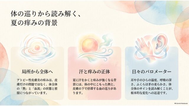 3つのカード枠と水彩イラストを用いて、局所から全体への意識、汗と痒みの関係、日々のバロメーターについて解説したスライド。