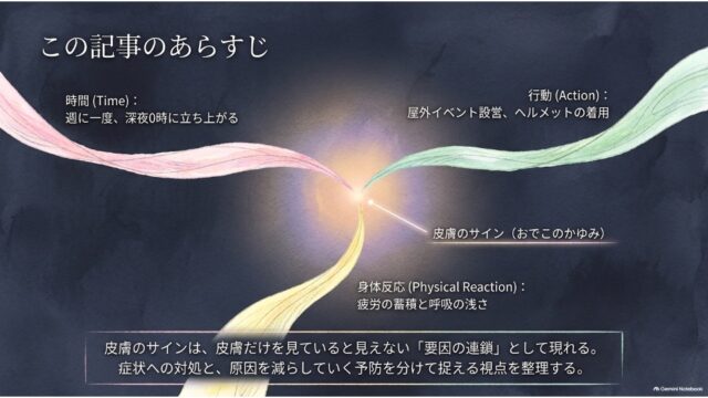 「この記事のあらすじ」と題され、時間・行動・身体反応の3つのリボンが中央の「皮膚のサイン（おでこのかゆみ）」に集まる図と、要因の連鎖を解説する下部のテキスト枠で構成されたスライド。